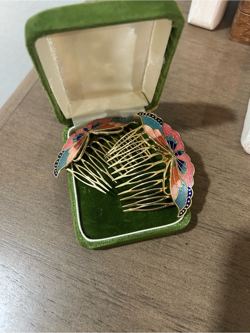 Gold Tone Enamel Floral Hair Comb Set - Pink & Blue